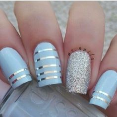 nails, blue, and silver image Minion Nails, Trendy Nail Art Designs, Cute Nail Art Designs, Striped Nails, Simple Nail Art Designs, Trendy Nail Art, Cute Nail Art, Hot Nails, Prom Nails