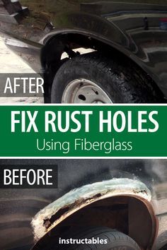 the before and after image shows how fix rust holes are applied to an old car