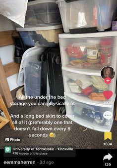 there is an image of a closet with plastic containers on the shelves and other items in it