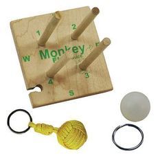 a wooden toy set with rope, ball and measuring tape