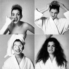 four different pictures of a woman with glasses and a towel on her head, brushing her hair