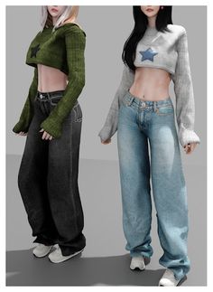 two women in jeans and crop tops standing next to each other with their hands on their hips