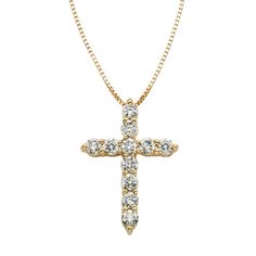 Let your faith shine when you wear this stunning diamond cross pendant. Created in warm 14K gold, this traditional cross is completely outlined with shimmering certified diamonds, each boasting a color rank of I and clarity of I2. A breathtaking design she's certain to adore, this cross captivates with 1/2 ct. t.w. of diamonds and a brilliant buffed luster. The cross suspends along a cable chain that adjusts from 16.0 to 18.0 inches in length and secures with a lobster claw clasp. This style arr Diamond Cross Necklace, Gold Cross Necklace, Gold Cross Pendant, Diamond Cross Pendants, Diamond Cross, Silver Shop, Gold Cross, Cross Pendant Necklace, Rose Gold Diamonds