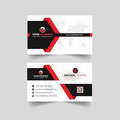 a business card with a black and red design on the front, side and back