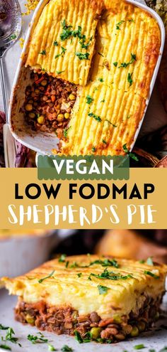 vegan low fodmap shepherd's pie on a plate with the text overlay