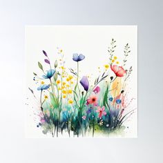 watercolor painting of colorful flowers on white paper with green grass and yellow, blue, pink