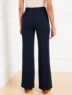 Tailored charm meets on-trend . Our fashion-forward flare leg pants are perfect for work and travel. Easy-to-pack, easy care. Simple elegance in lightweight, wrinkle-resistant fabric and a sophisticated fit. Features Flat Front/Trouser Flare Leg Hits High Waist Full Length Front zip with hook & bar closure Front Angled slip, Back welt pockets Lined Imported Fit: Misses: 31 1/2"; Petite: 29"; Plus: 31 1/2"; Plus Petite: 29" Material: 69% Triacetate, 31% Polyester; Lining: 100% Polyester Care: Machine Wash Cold; Only Non-Chlorine Bleach When Needed; Tumble Dry Low; Cool Iron, If Needed | Easy Travel Flare Leg Pants Talbots Work And Travel, Shopping Event, Flare Leg Pants, Classic Style Women, Easy Travel, Work Travel, Simple Elegance, Welt Pockets, Modern Classic