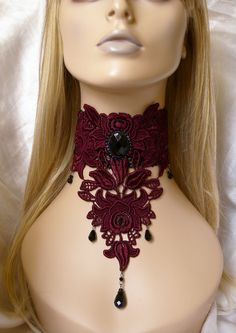 Victorian Gothic Burgandy Venise Lace Glass Cabochon NIGHTSHADE Renaissance Choker. $42.99, via Etsy. Burgundy Accessories, Gothic Chokers, Lace Choker, Victorian Goth, Lace Jewelry, Steampunk Jewelry, Victorian Gothic, Gothic Outfits, Steam Punk