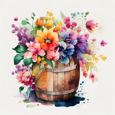 a watercolor painting of flowers in a wooden barrel