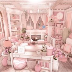 a pink bathroom with lots of furniture and decor