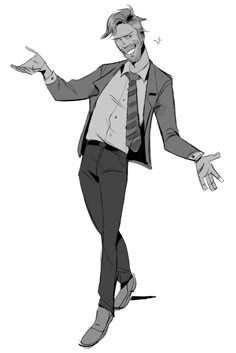 a drawing of a man in a suit and tie with his hands out to the side