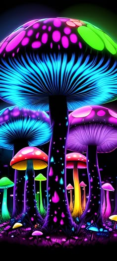 an image of colorful mushrooms in the dark