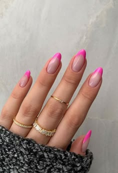 Nails Acrylic Almond Hot Pink, Hot Pink French Tip Nails Almond Long, Hot Pink Tips Nails, Hot Pink Nails Acrylic, Hot Pink Almond Nails, Neon French Tip Nails, Pink French Tip Nails Almond, Almond Nails Pink, Pink Tip Nails