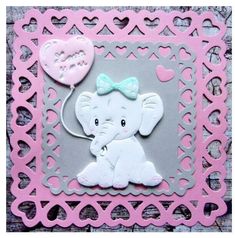 an elephant with a bow on it's head in a pink and gray card