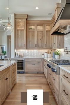 a kitchen filled with lots of wooden cabinets and counter top space next to a stove top oven