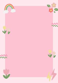 a pink background with flowers, clouds and a rainbow in the middle on top of it