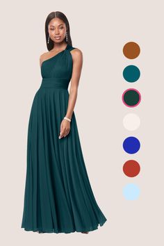 a woman in a long green dress standing next to color swatches and the colors