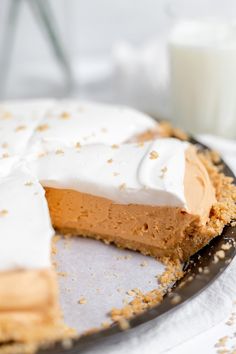 a piece of pie on a plate with a glass of milk