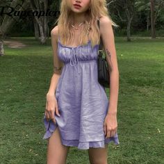 Purple Outfit Aesthetic, Purple Dress Aesthetic, Sundress Y2k, Babydoll Dress Outfit, Lilac Mini Dress, Outfit Aesthetic Summer, Purple Summer Dress, Purple Outfit, Dress Korean