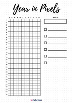 a printable year in pixels planner with the words,'year in pixels'on it