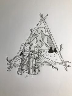 a drawing of a triangle with mountains in the background and a compass on it's side