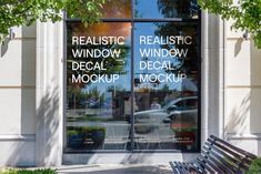 a window with the words realistic, realistic, windows decal, and mockup written on it