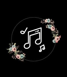 a music note surrounded by flowers on a black background