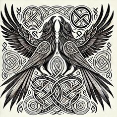 two black birds sitting on top of each other with celtic symbols in the back ground