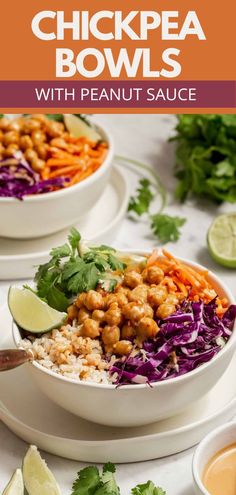 two bowls filled with chickpea and carrots, garnished with cilantro