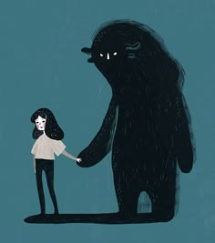 a woman holding the hand of a giant black bear in front of a blue background