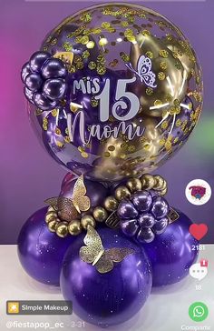 purple and gold balloons are stacked on top of each other with the words miss 15 mom written on them