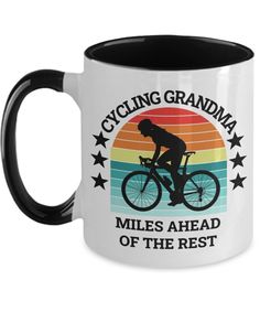 a black and white coffee mug with the saying cycling mom miles ahead of the rest