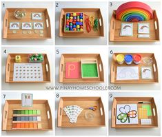 the steps to make a wooden tray with toys and paper on it, including letters, numbers