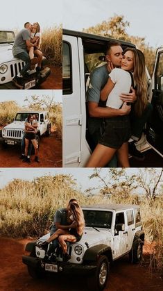 a man and woman kissing in the back of a white truck with jeeps behind them