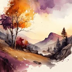 watercolor landscape with trees and mountains in the background