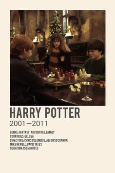 the harry potter movie poster is shown with children playing chess in front of a christmas tree