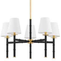 four light chandelier with white shades and gold trimmings on the arms