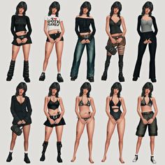 six different poses of women in black clothing and boots, all wearing high waisted shorts