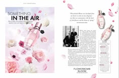 an article in the magazine with pink flowers and perfume bottles on it, including roses