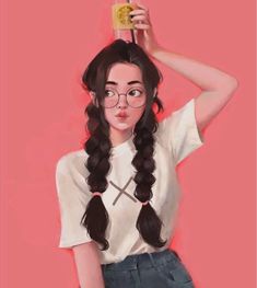 a painting of a girl with long hair and glasses holding an object above her head