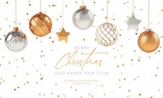 merry christmas and happy new year greeting card with gold, silver and white ornaments hanging from strings