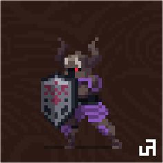 a pixel art style image of a person holding a shield