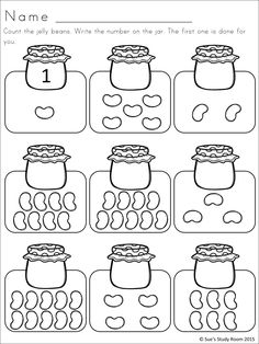 the worksheet for numbers 1 to 10 with pictures of jars and hearts on them