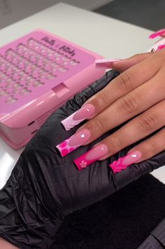 Pretty Girly Nails, Pink Based Nails, Black And Pink Acrylics, Pink Nail Sets Medium, Baddie Nail Sets, Baddie Pink Nails, Baddie Nails Pink, Magenta Nails Design, Hot Pink Nails Acrylic