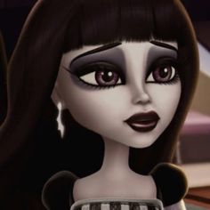 a close up of a doll with long hair and big eyes, wearing black and white dress