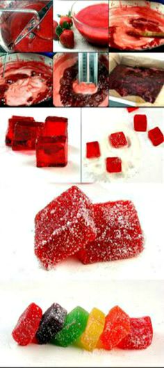 the process of making gummy bears is shown in several different stages, including red and green