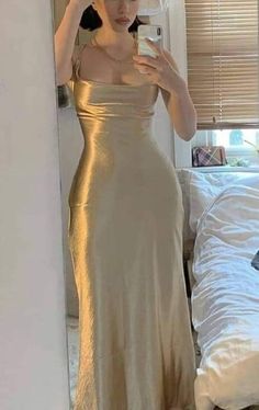 Champagne Dress Aesthetic, Gold Fitted Bias Cut Satin Dress, Fitted Gold Slip Dress With Bias Cut, Gold Bias Cut Dress For Party, Gold Bias-cut Dress For Party, Fitted Gold Satin Slip Dress, Gold Fitted Satin Slip Dress, Gold Satin Dress For Dinner, Gold Satin Dinner Dress