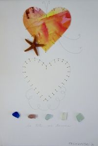 a card with a heart and starfish on it, surrounded by other colored shapes