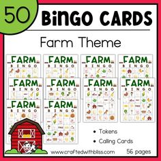 farm themed printable cards with the words farm and farm animals on them, in front of