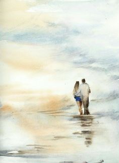 a watercolor painting of a man walking on the beach